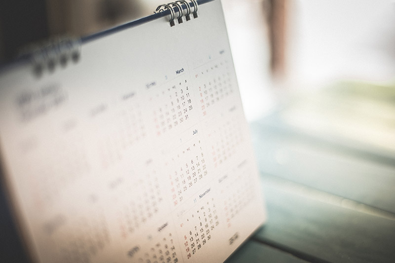Home 214 A blurred close-up of a standing desk calendar displaying months and dates, placed on a green wooden surface with soft natural light in the background.