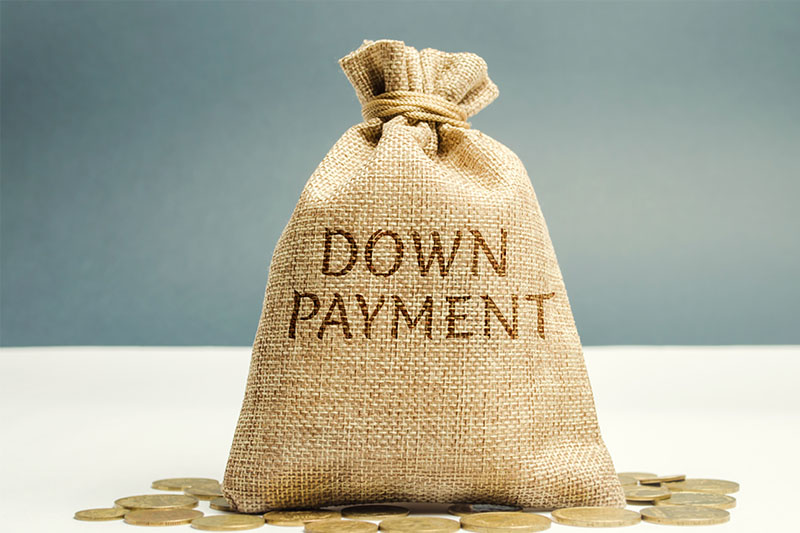 Home 240 A burlap sack labeled DOWN PAYMENT stands upright on a white surface, surrounded by scattered gold coins, against a plain blue and white background.