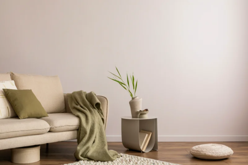 Home 107 Minimalist living room with a beige sofa, green throw blanket, pillows, a small side table with a plant and books, a round cushion on the floor, and a neutral color palette.