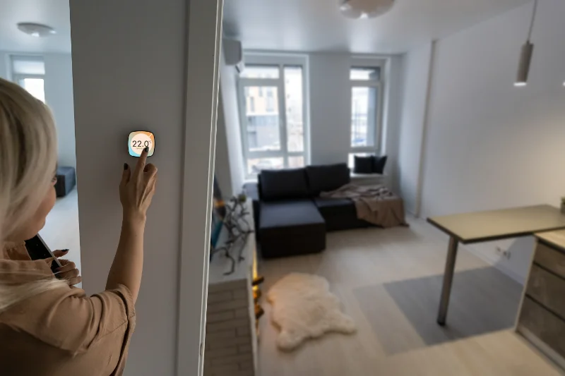 Home 104 A person adjusts a smart thermostat on a wall, setting it to 22°C in a modern, bright living room with large windows, a dark sofa, a table, and light-colored flooring.
