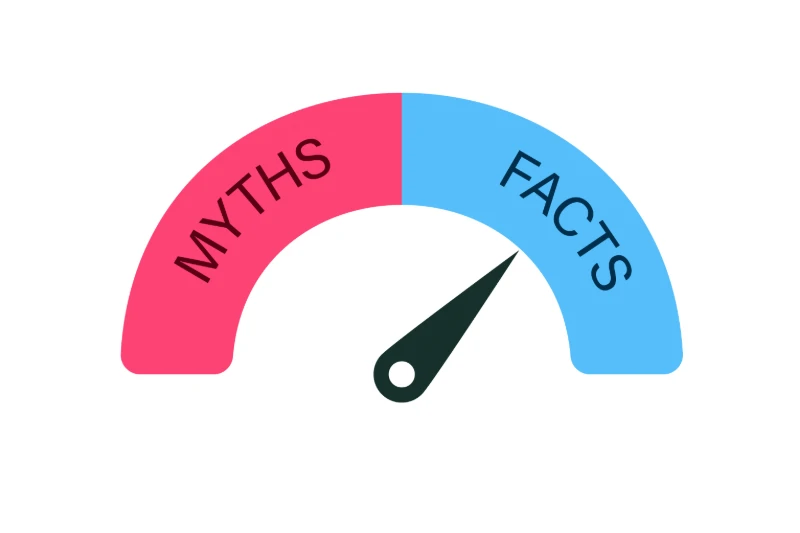 Home 41 A gauge with a needle pointing toward the FACTS side. The left half is labeled MYTHS in pink, and the right half is labeled FACTS in blue.
