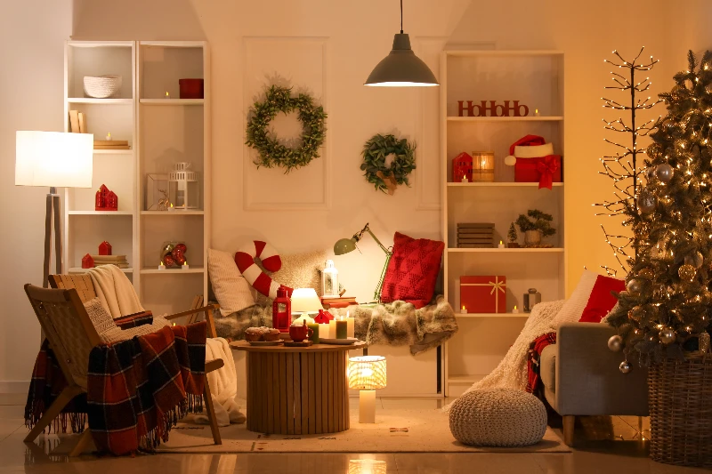Home 15 Interior of a dark living room with Christmas tree and sofa